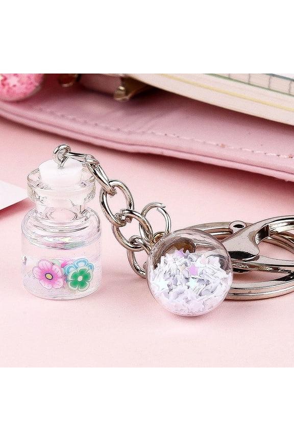 Unisex Bottle Keychain with Flower Quicksand Cute Keyring Metal Glass Key Chain Accessory Individually Packed Key