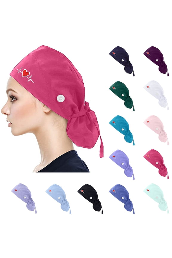 Unisex Bouffant Scrub Cap with Button Closure and Sweatband Breathable Print Design for Medical Professionals