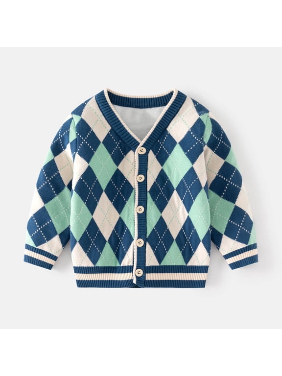 Unisex Boys Girls Argyle Knit Cardigan Jacket Crewneck Long Sleeve Button Sweater Kids Fashion Casual Comfy Outerwear Dark Blue 3-4 Years