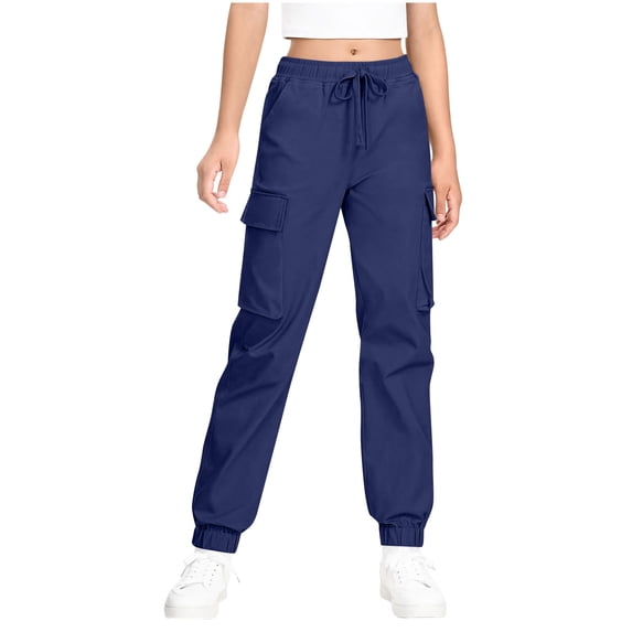 Unisex Boys Girls Cargo Joggers Elastic Waist Drawstring Sports Pants Kids Fall Winter Casual Trousers with Pockets Navy 12-13 Years
