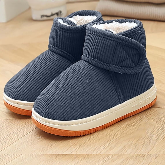 Unisex Boys Girls Corduroy Warm Slippers Plush Closed Back Hook and Loop Slipper Booties Winter Soft Comfy Non-Slip Shoes Gray 13 Little Kids