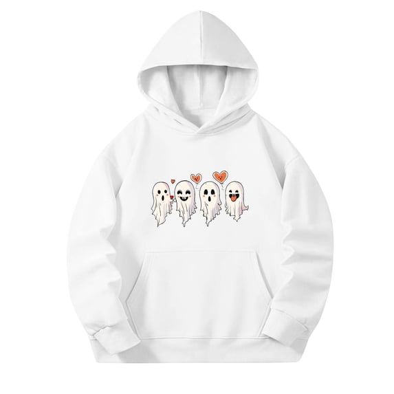 Unisex Boys Girls Fashion Print Hoodies Long Sleeves Hooded Pullover Sweatshirt Fall Winter Halloween Top Clothes White 5-6 Years