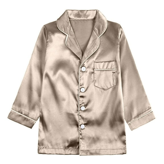 Unisex Boys and Girls Pajama Sets, Kids Summer Long Sleeve Button Shirt with Pants Sleepwear, Two Piece Satin Loungewear Outfits Summer Two Piece Sets for Lady Khaki 10Y