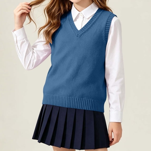 Unisex Boys Girls Preppy Knit Sweater Vest Sleeveless V-Neck Solid Color Tops Kids Trendy Soft Casual Comfy Outfits Navy 16-17 Years