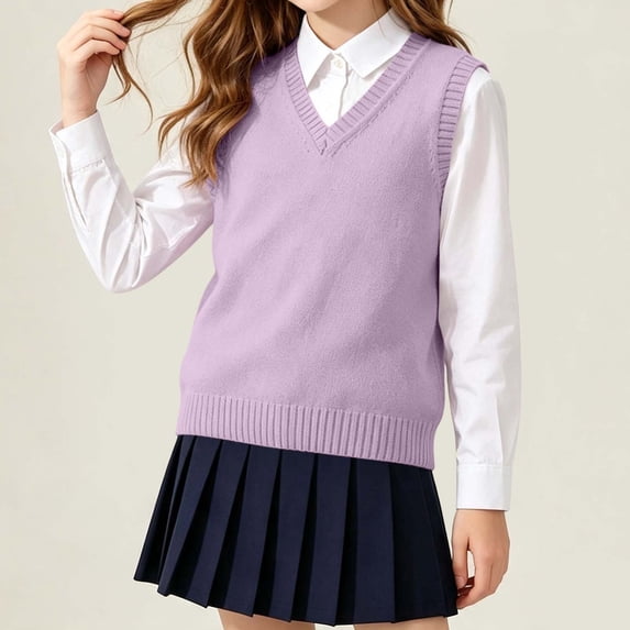Unisex Boys Girls Preppy Knit Sweater Vest Sleeveless V-Neck Solid Color Tops Kids Trendy Soft Casual Comfy Outfits Purple 5-6 Years