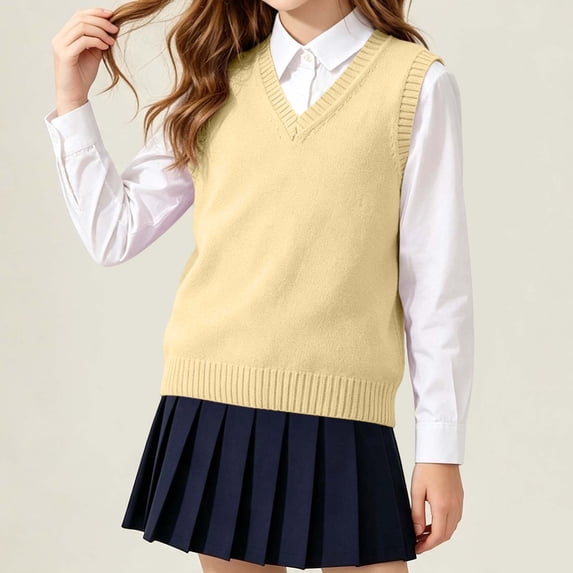Unisex Boys Girls Preppy Knit Sweater Vest Sleeveless V-Neck Solid Color Tops Kids Trendy Soft Casual Comfy Outfits Yellow 7-8 Years