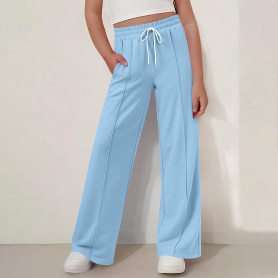 Unisex Boys Girls Straight Leg Pants Elastic Waist Drawstring Wide Leg Pants Kids Casual Baggy Trousers for Daily Wear Blue 12-13 Years