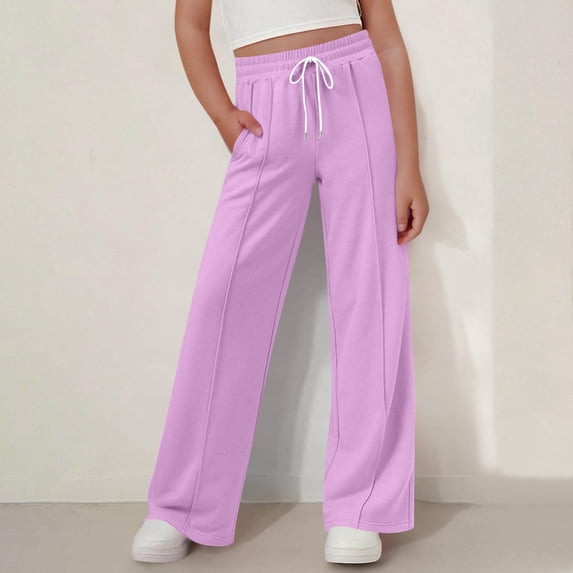 Unisex Boys Girls Straight Leg Pants Elastic Waist Drawstring Wide Leg Pants Kids Casual Baggy Trousers for Daily Wear Purple 12-13 Years