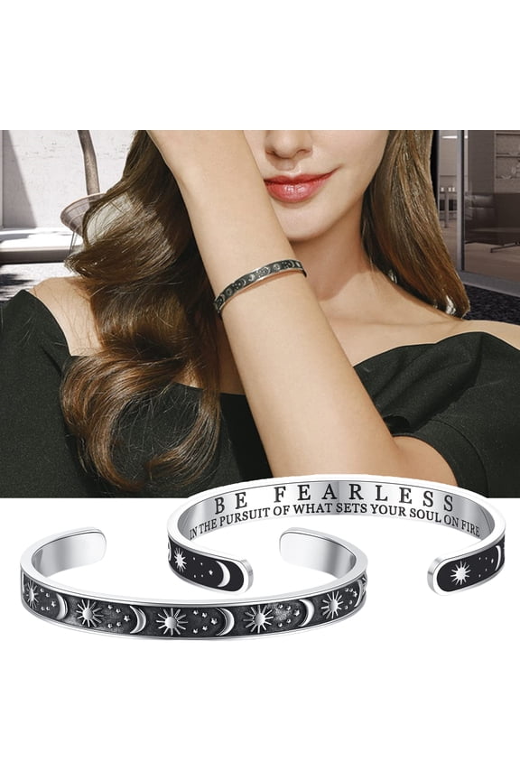Unisex Bravery Bangle Sun Moon Star Emboss Fearless English Decoration Enhance Confidence Adjustable Wrist Jewelry Couple Bracelet
