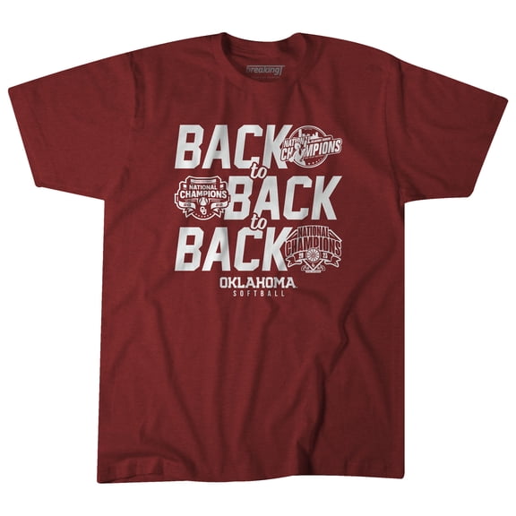 Unisex BreakingT Crimson Oklahoma Sooners Three-Peat NCAA Softball Women's College World Series Champions T-Shirt