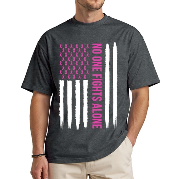 Unisex Breast Cancer Awareness Shirt – No One Fights Alone – Pink Ribbon American Flag Support Tee – Dark Heather 3XL