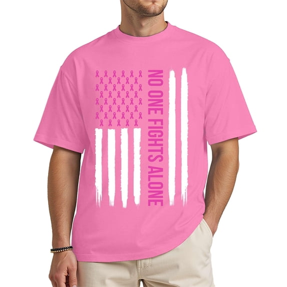 Unisex Breast Cancer Awareness Shirt – No One Fights Alone – Pink Ribbon American Flag Support Tee – Light Pink Large
