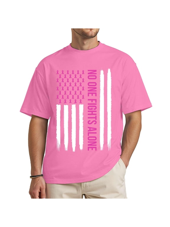 Unisex Breast Cancer Awareness Shirt – No One Fights Alone – Pink Ribbon American Flag Support Tee – Light Pink Large