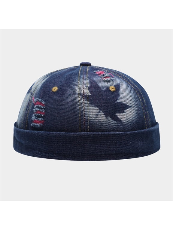 Unisex Brimless Ripped Denim Cap, Washed Distressed Denim Beanie Hat for Men Women, Retro Streetwear Sailor Style Skullcap, Adjustable Rolled Brimless Hat for Casual Daily Travel Outdoor Blue