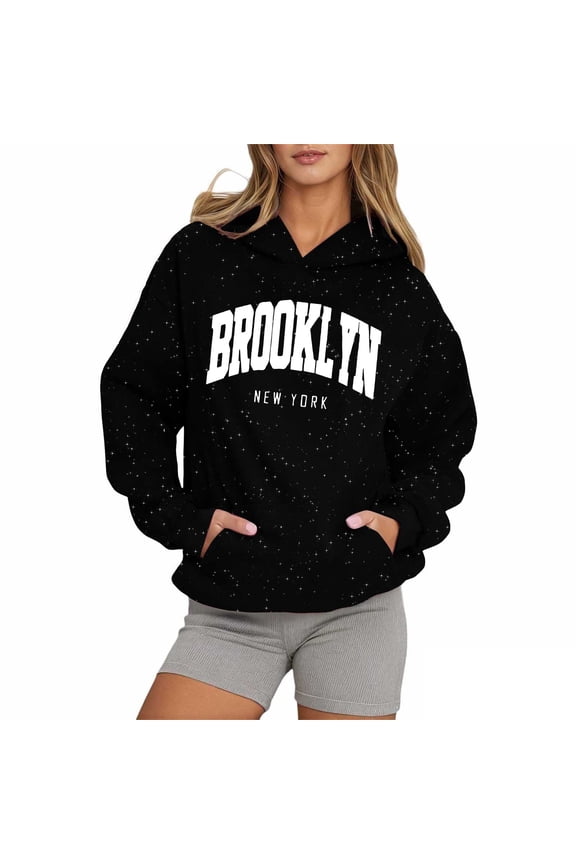 Unisex Brooklyn New York Letter Print Starry Sky Hooded Sweatshirts Men Women Long Sleeve Pullover Hoodie Outfit Black