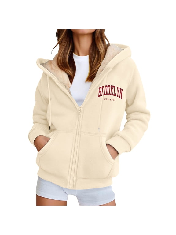 Unisex Brooklyn New York Zip Up Hoodie Lined Warm Pullover Winter Jacket For Outdoor Sports Top Beige