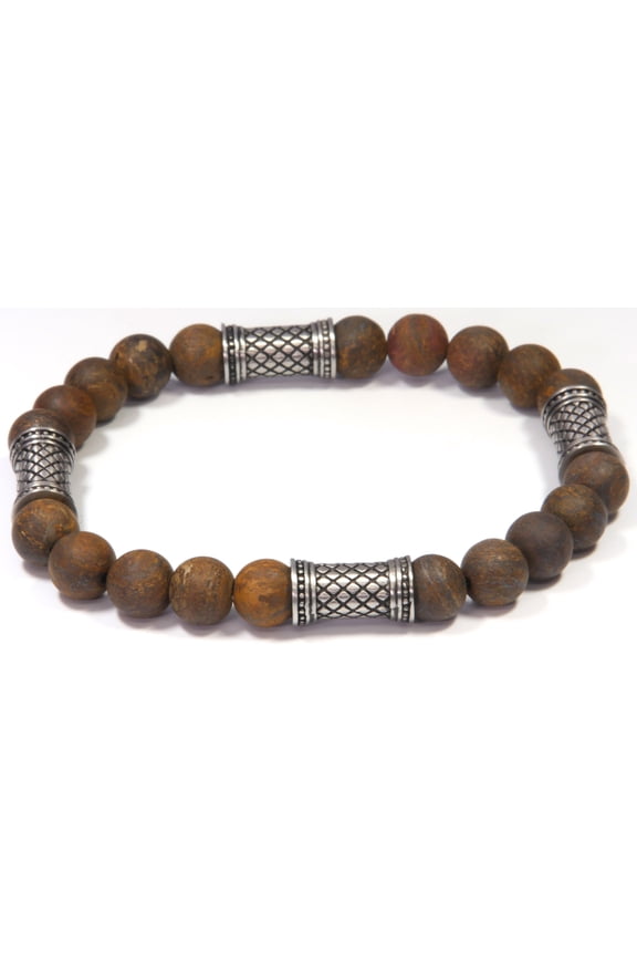 Unisex Brown Bronzite Beaded Stretch Bracelet with Textured Stations
