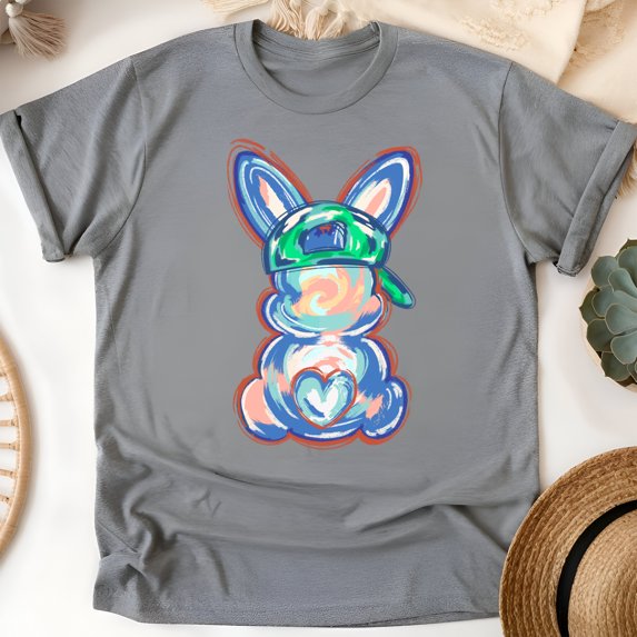 Unisex Bunny Graphic T-Shirt ā Pastel Brushstroke with Cap Design, Graphite Heather, Size 5XL