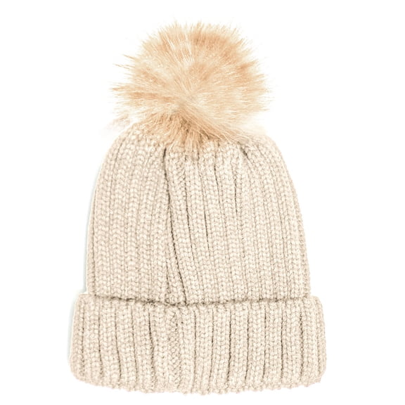 Unisex Cable Knit Faux Fuzzy Fur Pom Skull Cap Cuff Beanie, Beige