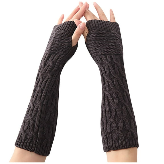 Unisex Cable Knit Fingerless Long Gloves, Warm Winter Hemp Pattern Textured Gloves for Men and Women, Stretchable Knitted Wrist Warmers for Typing, Driving and Cold Weather Activities Brown