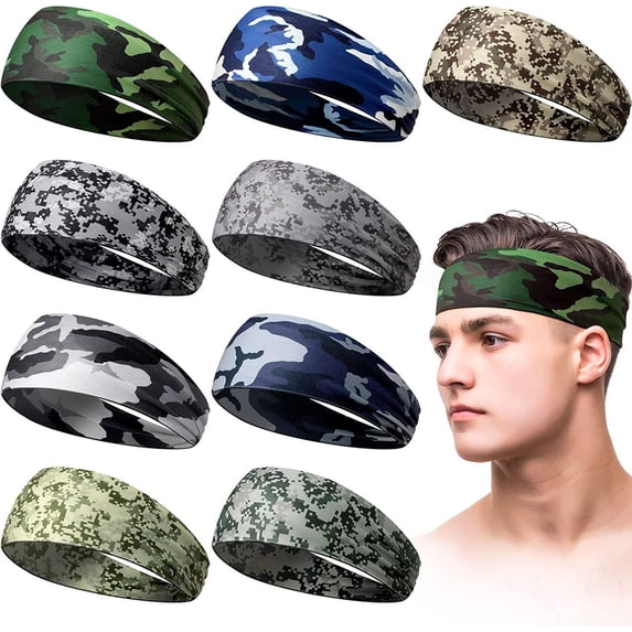 Unisex Camo Sports Headbands with Moisture Wicking Fabric and Non-Slip Design Featuring Wide Elastic Bands F