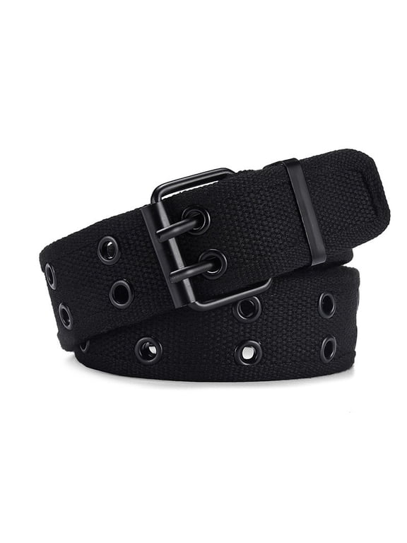 Unisex Canvas Belt, Double Prong Buckle Casual Waist Belt, Adjustable Dual Row Hole Belt for Jeans Pants Work Daily Wear