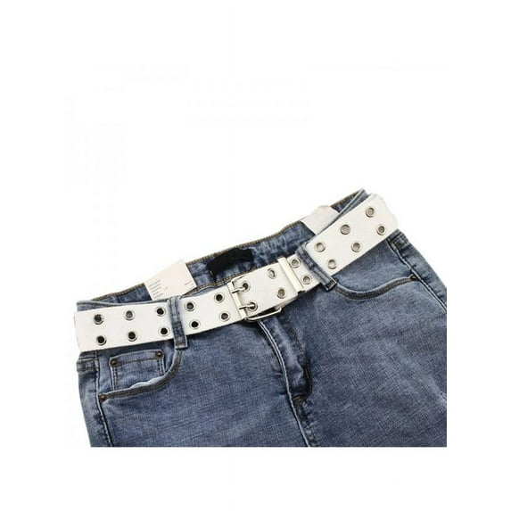 Unisex Canvas Double Grommet Holes Belt with Metal Buckle 2-Row Studded Belts