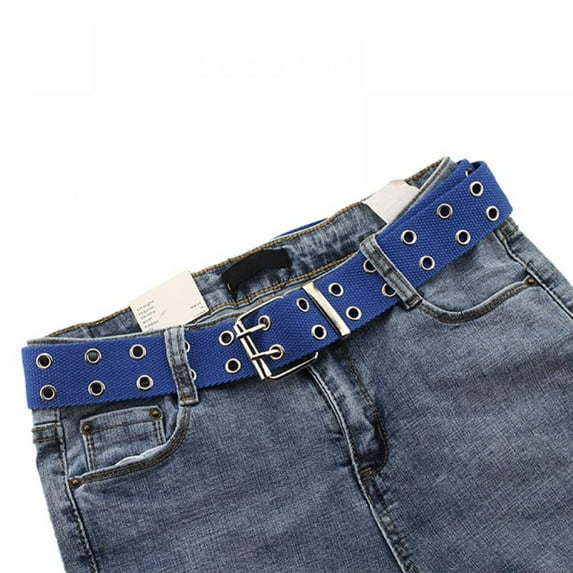 Unisex Canvas Double Grommet Holes Belt with Metal Buckle 2-Row Studded Belts