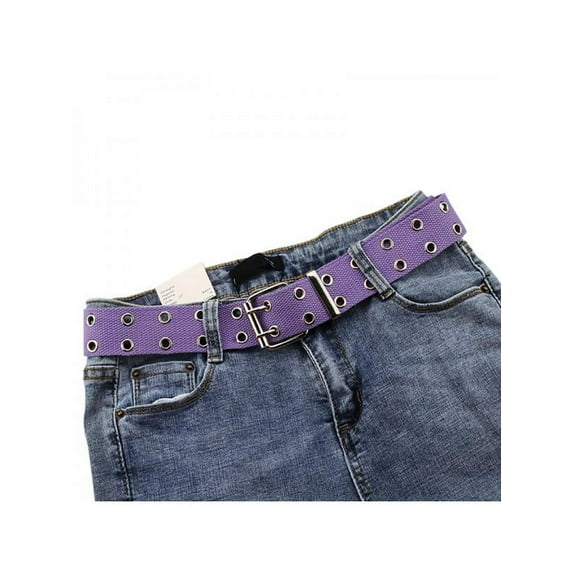 Unisex Canvas Double Grommet Holes Belt with Metal Buckle 2-Row Studded Belts
