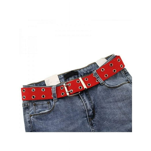 Unisex Canvas Double Grommet Holes Belt with Metal Buckle 2-Row Studded Belts