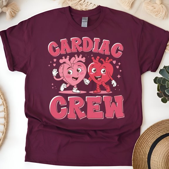 Unisex Cardiology Team T-Shirt, Cute Medical Heart Design Tee, Maroon, Size XL