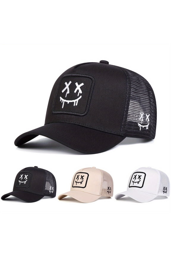 Unisex Cartoon Ghost Face Embroidered Baseball Cap Mesh Hat Adjustable Breathable Casual Sun Hat for Outdoor Sports