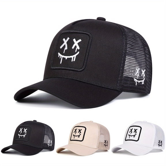 Unisex Cartoon Ghost Face Embroidered Baseball Cap Mesh Hat Adjustable Breathable Casual Sun Hat for Outdoor Sports