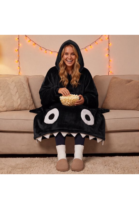 Unisex Cartoon Monster Hooded Wearable Blanket, Flannel Oversized Hoodie Lounger, Cozy Loungewear Pajamas for Home Relaxation Black
