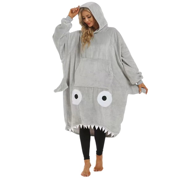 Unisex Cartoon Monster Hooded Wearable Blanket, Flannel Oversized Hoodie Loungewear, Loose Warm Couples Sleep Robe for Home & Halloween Cosplay Gray