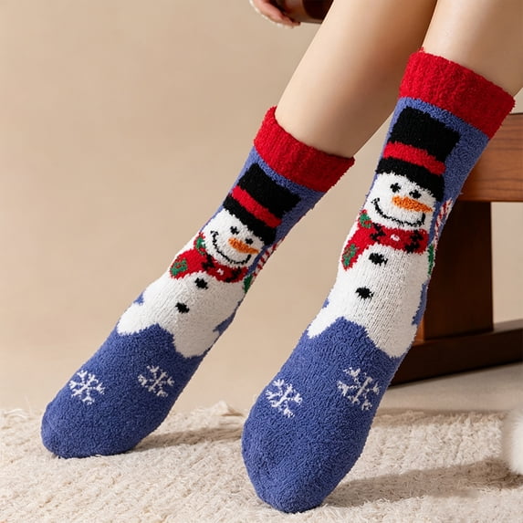 Unisex Cartoon Santa Claus Printed Mid‑Calf Fuzzy Coral Fleece Socks for Men Women, Festive Holiday Pattern Cozy Thermal Socks, Soft Indoor Sleep Socks for All‑Day Home Lounge Wear
