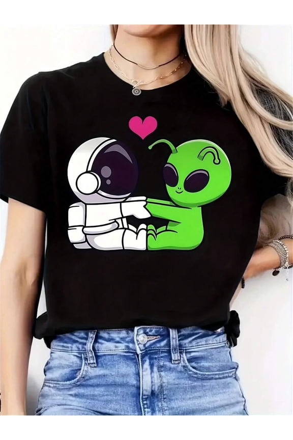 Unisex Casual Crew Neck Short Sleeve T-Shirt - Astronaut And Alien Love Story Graphic Tee, 95% Polyester 5% Spandex Knit Fabric, Regular Length, Machine Washable, Spring/Summer/Fall Versatile Top