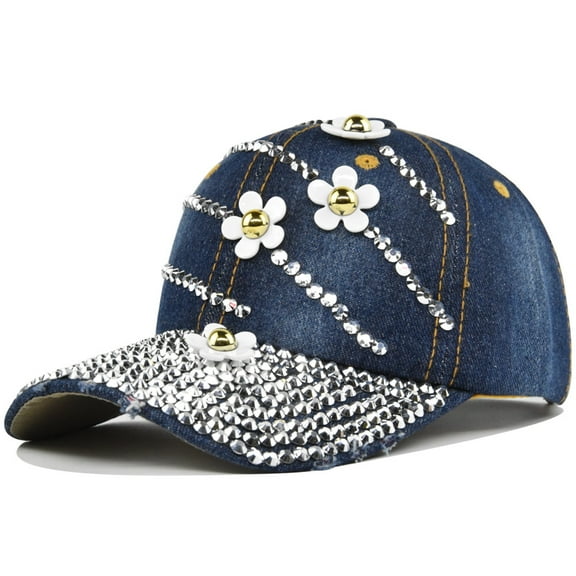 Unisex Casual Denim Retro Flower Point Drill Baseball Cap Fashion Funny Sequin Baseball Cap Ajustable Peaked Cap Outdoor Sports Couple Hats Adjustable Curved Brim Hats Sun