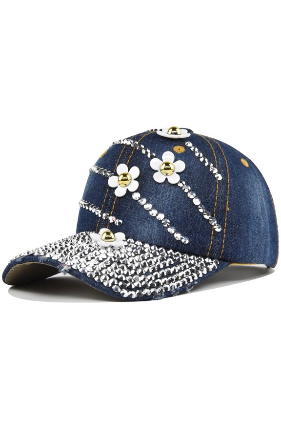 Unisex Casual Denim Retro Flower Point Drill Baseball Cap Fashion Funny Sequin Baseball Cap Ajustable Peaked Cap Outdoor Sports Couple Hats Adjustable Curved Brim Hats Sun