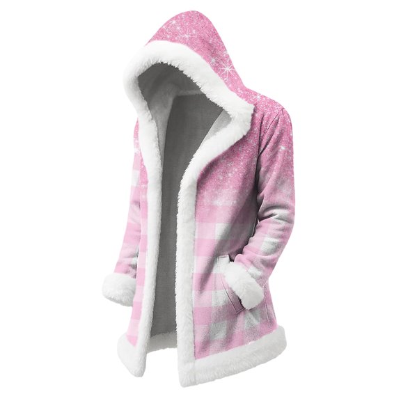 Unisex Casual and Fashionable Plush Collar Hooded Long Sleeved Striped Print Jacket for Men and Women, Great for Casual Fashion and Everyday Use,Pink,L