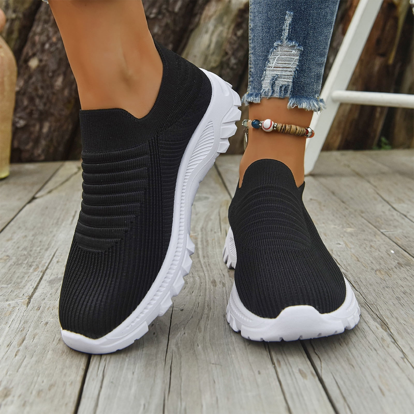 3 Color Sign Design Unisex Casual Shoes with Sock Style Knit Upper Slip On Design ...