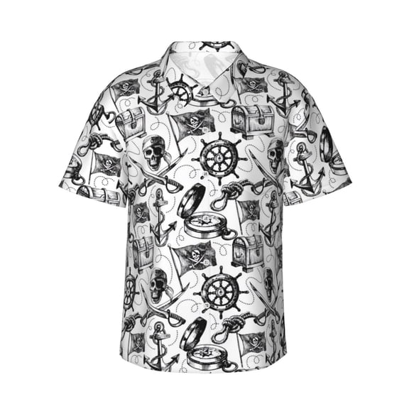 Unisex Casual Short Sleeve Button-Down Hawaiian Shirts,Pirate Treasure Nautical Shirts Regular Fit Beach Bowling Shirts with Front Pocket,L