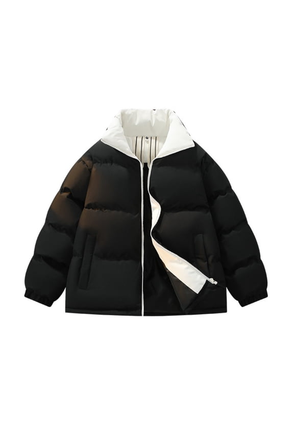 Unisex Casual Solid Color Stand-up Collar Fleece & Cotton-lined Warm Long-sleeve Zip Cotton-padded Jacket - Men's Bread-style Coat, Black, Size M