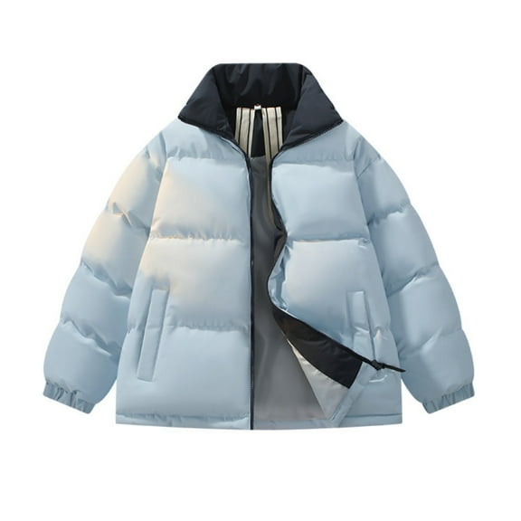 Unisex Casual Solid Color Stand-up Collar Fleece & Cotton-lined Warm Long-sleeve Zip Cotton-padded Jacket - Men's Bread-style Coat, Light Blue, Size M