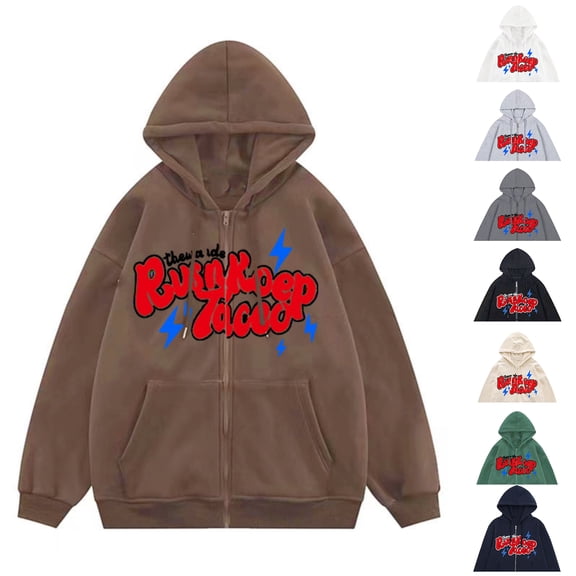 Unisex Casual Solid Color Zipper Hoodie - Trendy Letter Printed Hooded Jacket, Light Brown, L