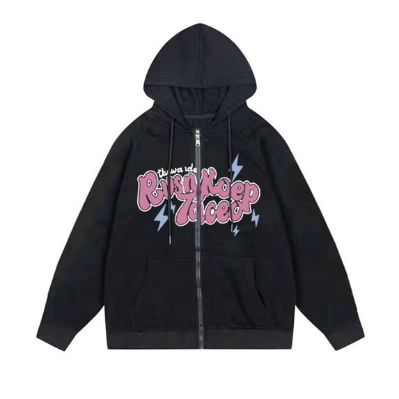 Unisex Casual Solid Color Zipper Hoodie - Trendy Letter Printed Hooded Jacket (RusnKoep Taced), Black, L