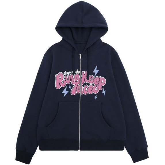 Unisex Casual Solid Color Zipper Hoodie - Trendy Letter Printed Hooded Jacket (RusnKoep Taced), Navy Blue, XXXL