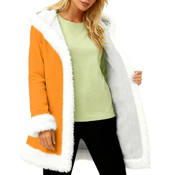Unisex Casual and Fashionable Plush Collar Hooded Long Sleeved Solid Color Jacket, Gender-Neutral Design for Everyday Comfort,Orange,M