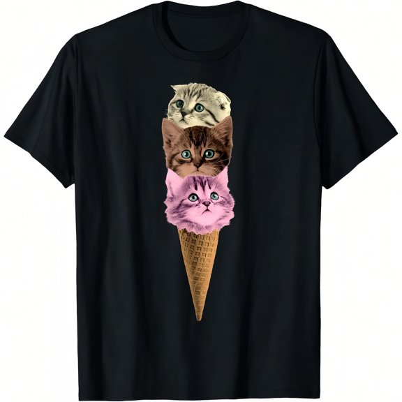 Unisex "Cat Ice Cream Cone" Whimsical Graphic Tees with Surreal Print T - shirts Casual Short Sleeve Tops Ideal For Cat and Ice Cream Lovers and Daily Wear