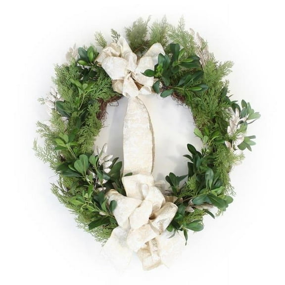 Unisex Cedar Wreath with Pittosporum & Glitter Locust & Ribbon - Green